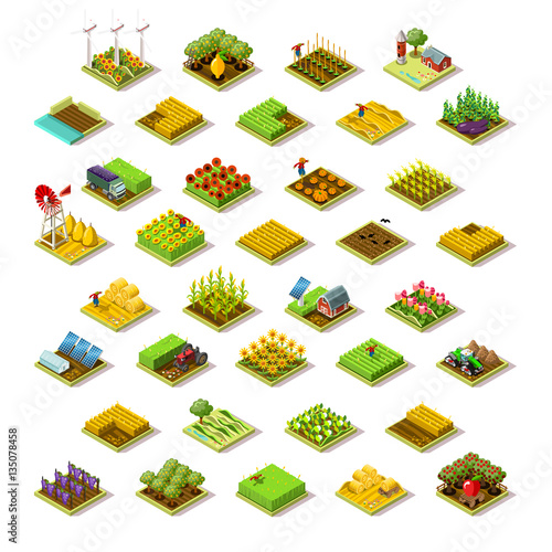 Isometric farm house building staff farming agriculture scene 3D icon set collection farmland vector illustration