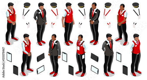 Isometric man male receptionist person hotel reception isolated infographic element. 3D Isometric person icon set. Creative design vector illustration collection