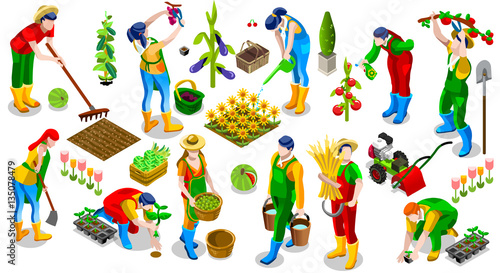 Isometric isolated farmer man farming people 3D icon set collection vector illustration. Farm field farmland life scene seed plant gardening tool