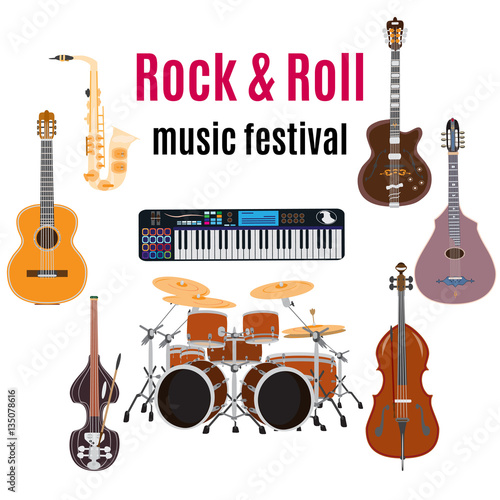 Vector set of rock and roll music instruments  flat design