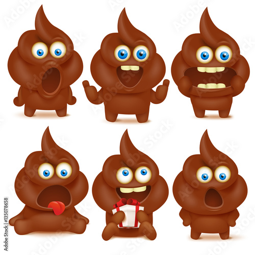 Set of cute poop emoji characters with different emotions.