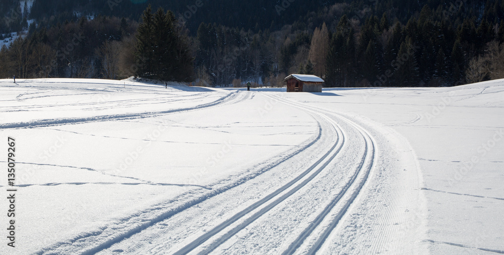 Cross-country ski trail on a sunny winter day somewhere in Bavaria Cross-country ski trail on a sunny winter day somewhere in Bavaria