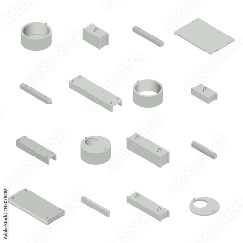 Set the iron concrete products isometric, vector illustration.