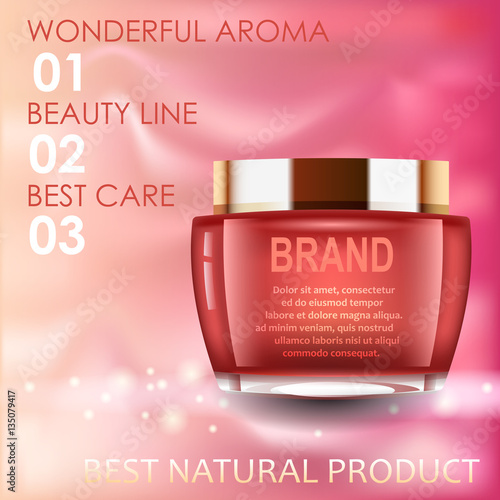 Vector realistic cosmetic bottles with natural elements.