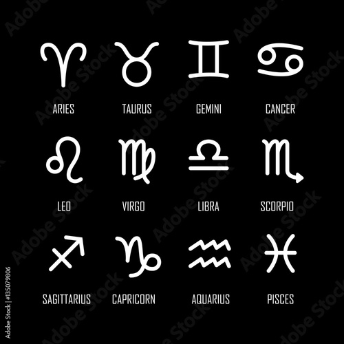 Set of zodiac symbols, white icons with shadow on the black background