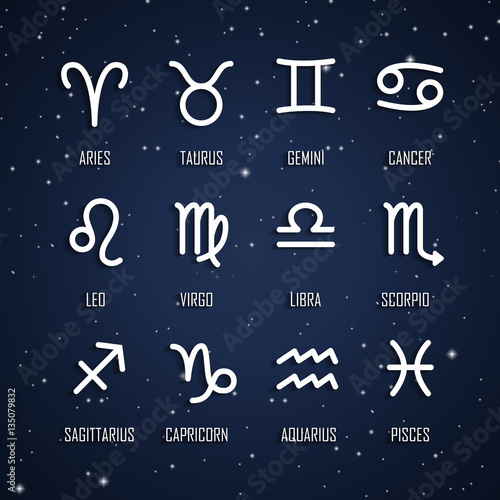 Set of zodiac symbols, white icons with shadow on the background of dark blue starry sky
