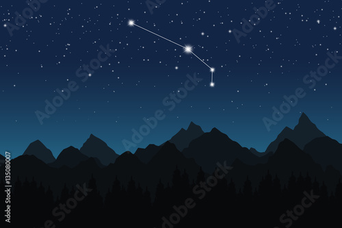 Vector illustration of Aries constellation on the background of starry sky and night mountain