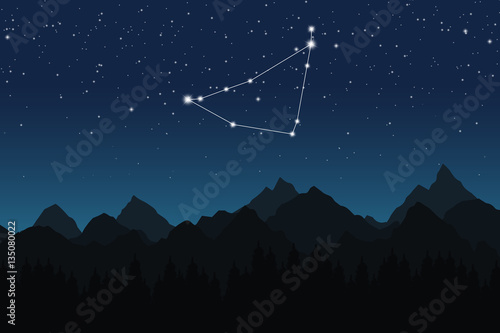 Vector illustration of Capricorn constellation on the background of starry sky and night mountain