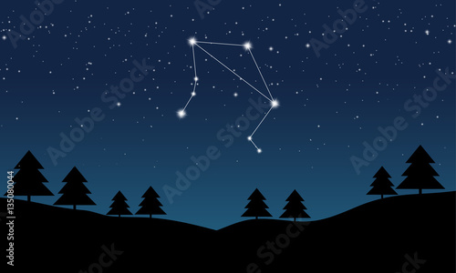 Vector illustration of Libra constellation on the background of starry sky and night landscape