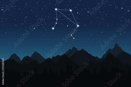 Vector illustration of Libra constellation on the background of starry sky and night mountain