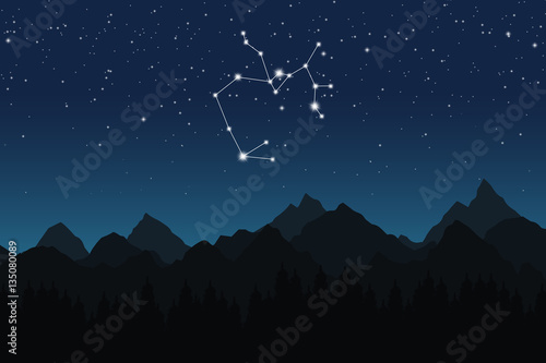Vector illustration of Sagittarius constellation on the background of starry sky and night mountain