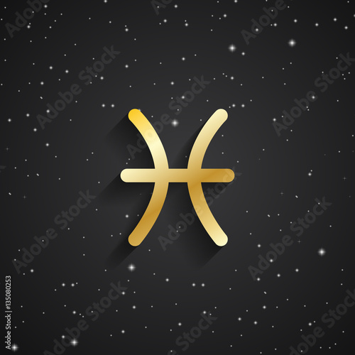Pisces zodiac symbol, gold zodiac icon on the background of black starry sky