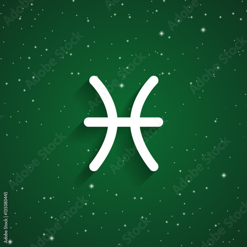 Pisces  zodiac symbol, white zodiac icon on the background of green starry sky