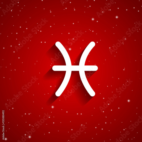 Pisces  zodiac symbol, white zodiac icon on the background of red starry sky