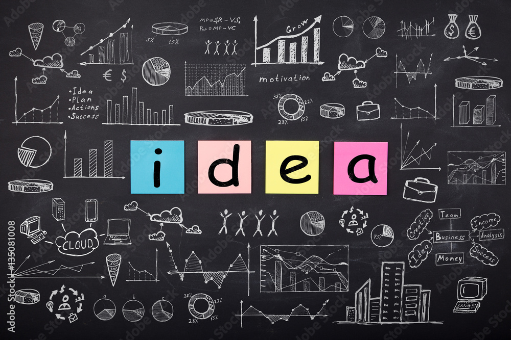 Business concept - sketch with schemes and graphs on chalkboard Business concept - sketch with schemes and graphs on chalkboard