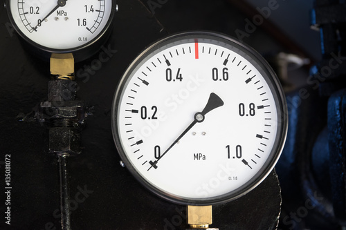 Pressure gauges in the old steam locomotive.