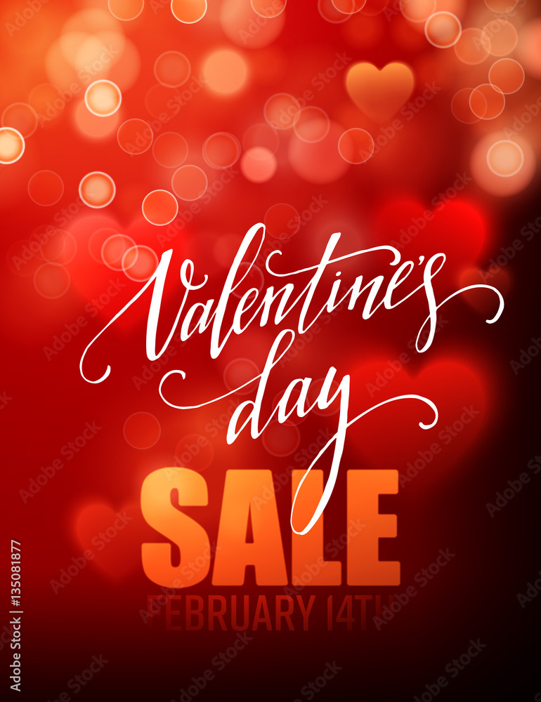 Valentines day sale, poster template on abstract background with hearts and bokeh circles. Vector illustration