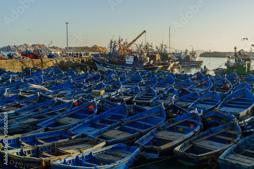 Essaouira Morocco blue fishing boats in port