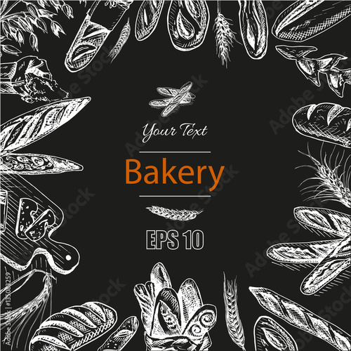 Vector illustration sketch. bread, loaf, baguette, focaccia, pizza. italian bakery house with fresh pastry