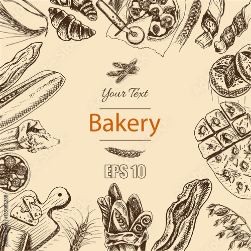 Vector illustration sketch. bread, loaf, baguette, focaccia, pizza. italian bakery house with fresh pastry