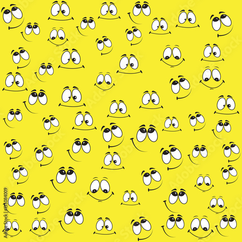 Pattern of funny smiles on a yellow background. Comic facial expression.