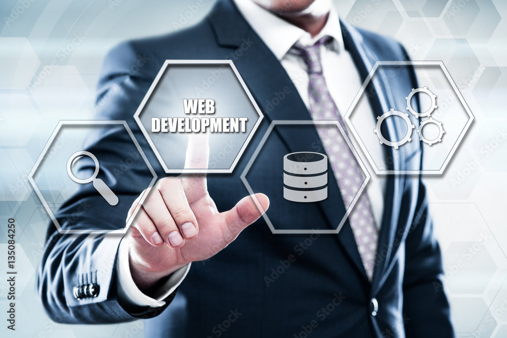 Business, technology, internet concept on hexagons and transparent honeycomb background. Businessman pressing button on touch screen interface and select web development Business, technology, internet concept on hexagons and transparent honeycomb background. Businessman pressing button on touch screen interface and select web development