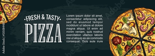 Horizontal poster slice pizza Pepperoni, Hawaiian, Margherita, Mexican, Seafood, Capricciosa.