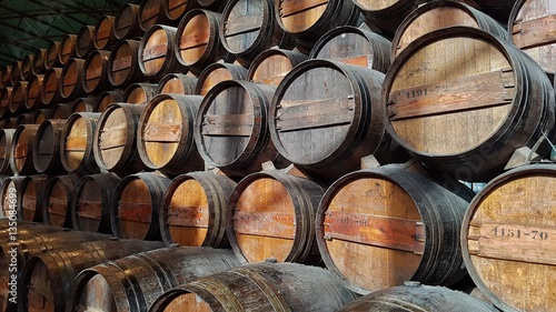 Photo aging wine barrels in line and in top of each other