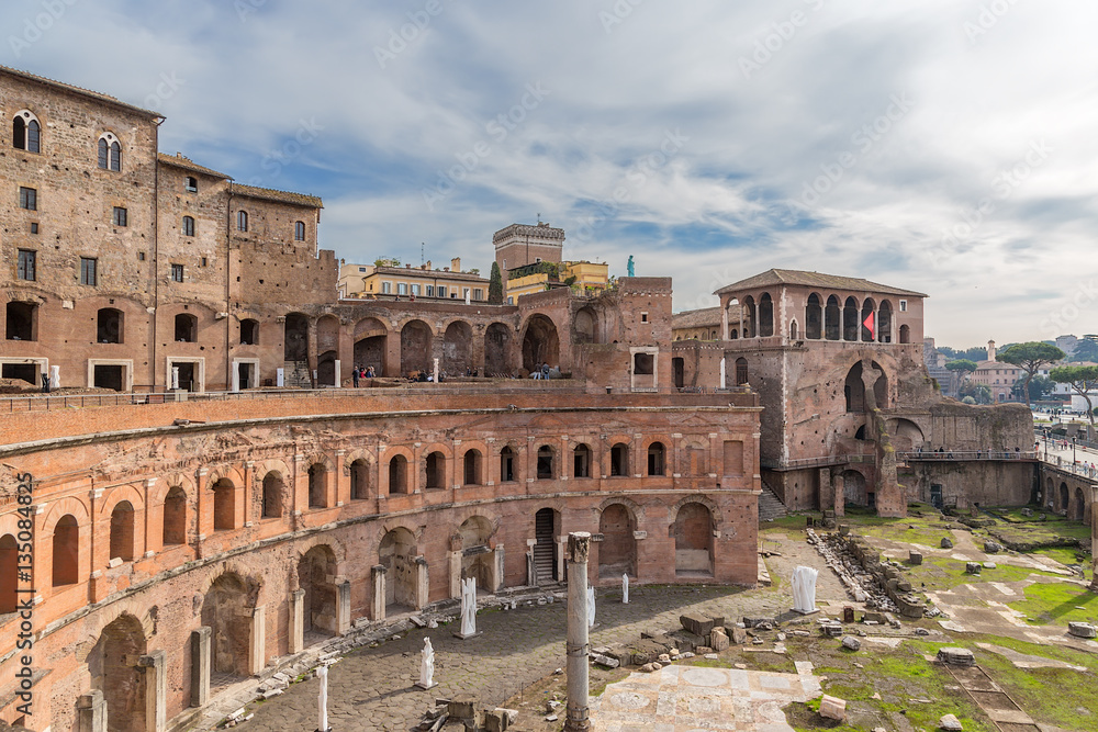 Rome, Italy. Trajan Market ruins, 106 - 113 years AD. Right - the House of the Knights of Rhodes, XII century.