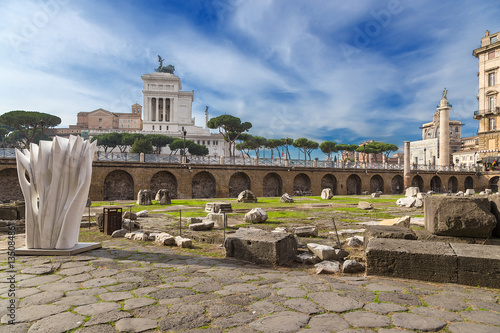 Rome, Italy. The ruins of the Emperor Trajan Market, (100 - 112 years AD). The Vittoriano monument on the Capitoline Hill, Trajan's Column