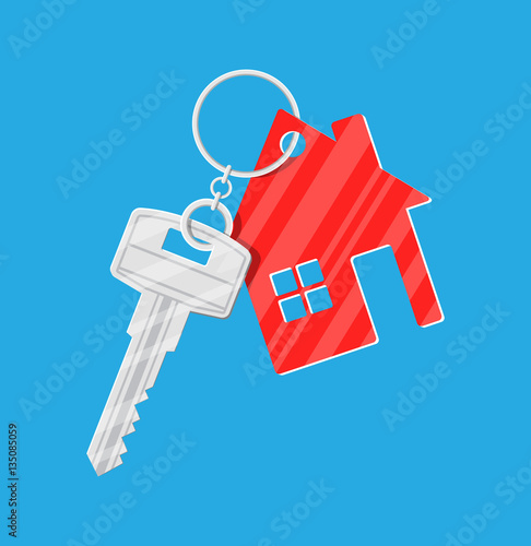 Metal key with keychain house in flat style