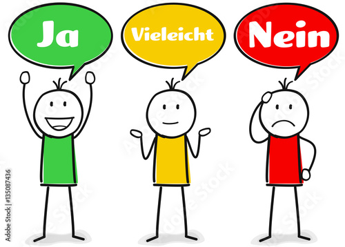 Drei Figuren mit Sprechblasen mit Ja Nein und Vielleicht