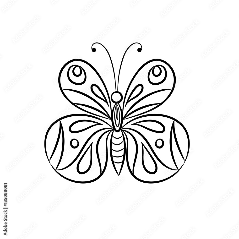 Fototapeta premium Decorative butterfly, graphic style, hand drawn, black and white isolated vector