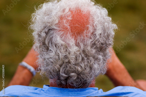 Grey curly hair with bald spot, back of head
