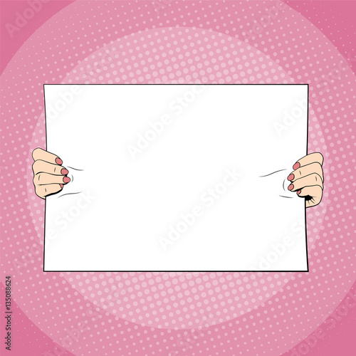 Female hands holding blank banner. Pop art style