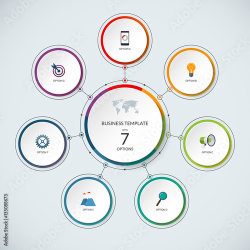 Infographic circle. Modern minimalistic template with 7 options. Vector banner, what can be used as circular chart, cycle diagram, graph, workflow layout for report, business presentation, web design.