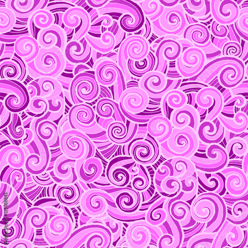 vector seamless hand drawing abstract pattern swirl, whorl, curly pink line on different violet background