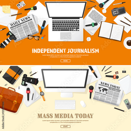 Mass media background in a flat style.Press conference with correspondent and reporter.Broadcasting.Multimedia news,newspaper.Tv show. Internet radio, television. Microphone.