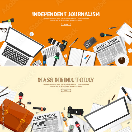 Mass media background in a flat style.Press conference with correspondent and reporter.Broadcasting.Multimedia news,newspaper.Tv show. Internet radio, television. Microphone.