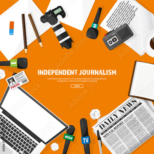 Mass media background in a flat style.Press conference with correspondent and reporter.Broadcasting.Multimedia news,newspaper.Tv show. Internet radio, television. Microphone.