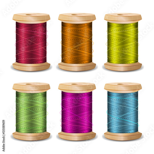 Thread Spool Set. Bright Old Wooden   Bobbin. Isolated On White Background For Needlework And Needlecraft. Stock Vector Illustration