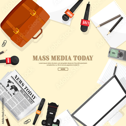Mass media background in a flat style.Press conference with correspondent and reporter.Broadcasting.Multimedia news,newspaper.Tv show. Internet radio, television. Microphone.