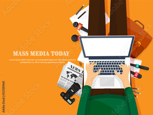 Mass media background in a flat style.Press conference with correspondent and reporter.Broadcasting.Multimedia news,newspaper.Tv show. Internet radio, television. Microphone.