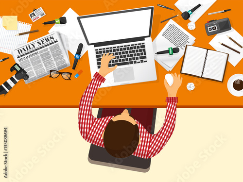 Mass media background in a flat style.Press conference with correspondent and reporter.Broadcasting.Multimedia news,newspaper.Tv show. Internet radio, television. Microphone.
