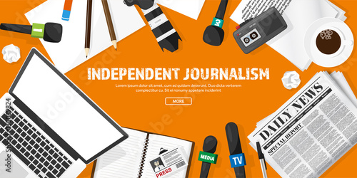 Mass media background in a flat style.Press conference with correspondent and reporter.Broadcasting.Multimedia news,newspaper.Tv show. Internet radio, television. Microphone.