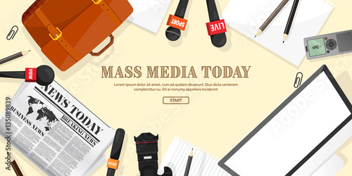 Mass media background in a flat style.Press conference with correspondent and reporter.Broadcasting.Multimedia news,newspaper.Tv show. Internet radio, television. Microphone.