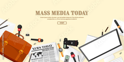 Mass media background in a flat style.Press conference with correspondent and reporter.Broadcasting.Multimedia news,newspaper.Tv show. Internet radio, television. Microphone.