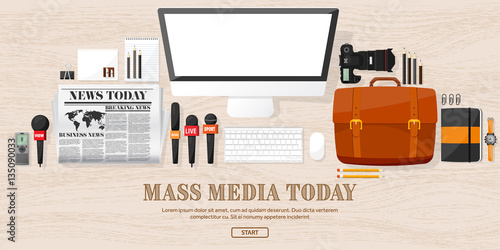 Mass media background in a flat style.Press conference with correspondent and reporter.Broadcasting.Multimedia news,newspaper.Tv show. Internet radio, television. Microphone.