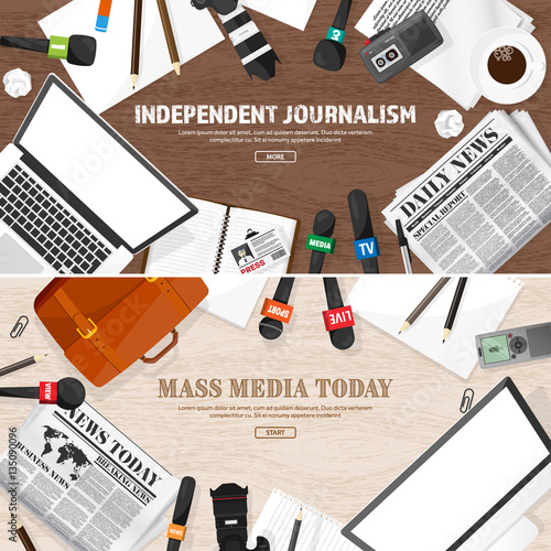 Mass media background in a flat style.Press conference with correspondent and reporter.Broadcasting.Multimedia news,newspaper.Tv show. Internet radio, television. Microphone.
