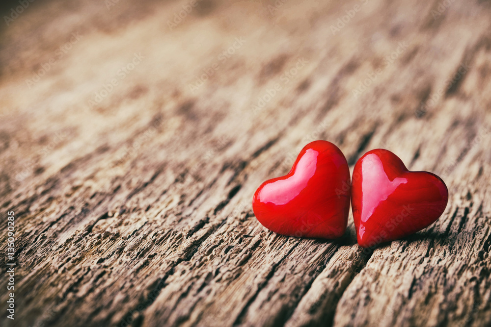 Two Wooden Hearts On Rustic Wood Background. Valentines Days